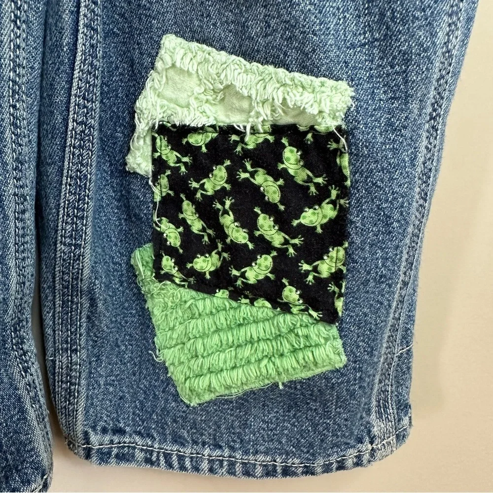 Boys 3T Frog Overalls Denim Chenille Patches Osh Kosh Bgosh Vest Back Blue Jean